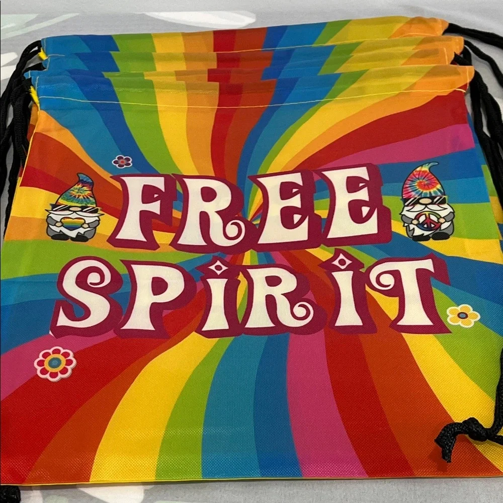 NWOT FREE SPIRIT and Peace Love Drawstring Party Bags Colorful Design, 7 Bag Set